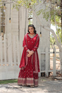 Embroidered Georgette Gown With Dupatta-ISKWGN1207LW-9186