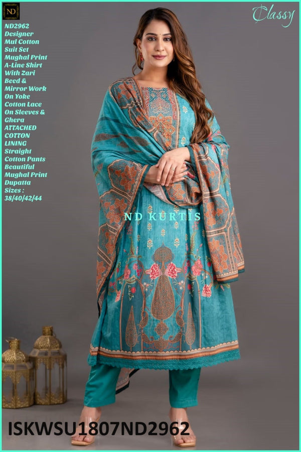 Mughal Printed Malmal Cotton A-Line Kurti With Cotton Pant And Dupatta-ISKWSU1807ND2962