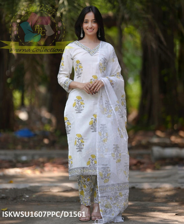 Hand Block Mughal Printed Cotton Kurti With Pant And Kota Doriya Dupatta-ISKWSU1607PPC/D1561