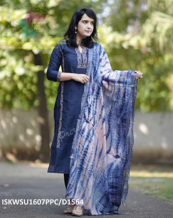 Cotton Silk Kurti With Pant And Tie And Dye Printed Linen Hand Woven Dupatta-ISKWSU1607PPC/D1564
