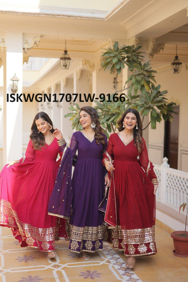 Embroidered Georgette Gown With Dupatta-ISKWGN1707LW-9166