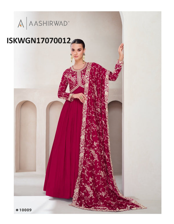 Embroidered Silk Gown With Dupatta-ISKWGN17070012