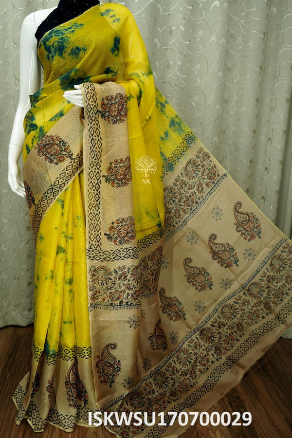 Shibori Tie And Dye Printed Jute Silk Saree With Kalamkari Blouse-ISKWSU170700029