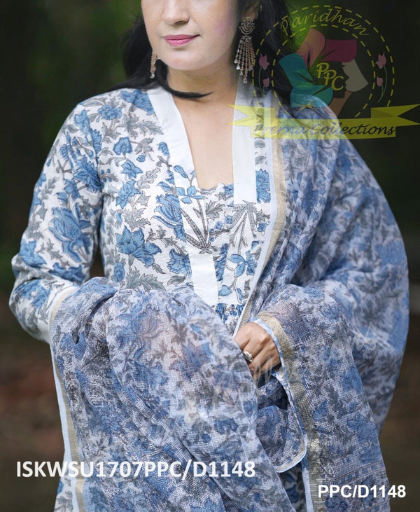 Hand Block Kalamkari Printed Kota Doriya Anarkali Kurti With Cotton Pant And Dupatta-ISKWSU1707PPC/D1148