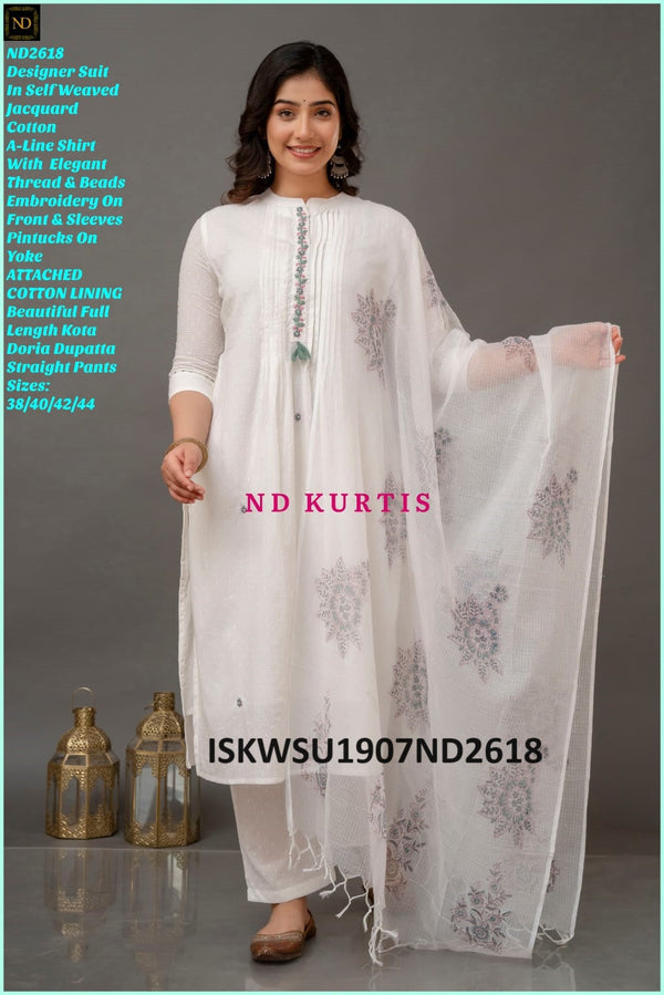 Self Weaved Jacquard Cotton A-Line Kurti With Pant And Kota Doriya Dupatta-ISKWSU1907ND2618