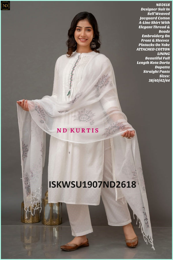 Self Weaved Jacquard Cotton A-Line Kurti With Pant And Kota Doriya Dupatta-ISKWSU1907ND2618