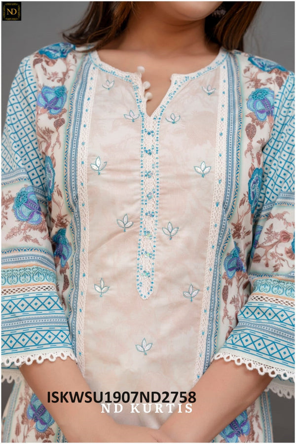 Embroidered Cotton Kurti With Pant And Dupatta-ISKWSU1907ND2757/ND2758