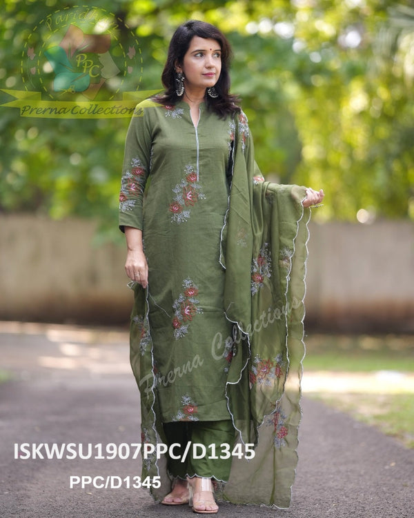 Handloom Cotton Kurti With Pant And Organza Silk Dupatta-ISKWSU1907PPC/D1345
