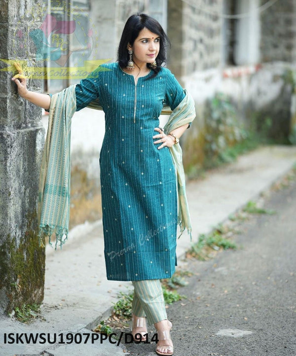 Cotton Weaved Kurti With Handloom Cotton Pant Handloom Dupatta-ISKWSU1907PPC/D914