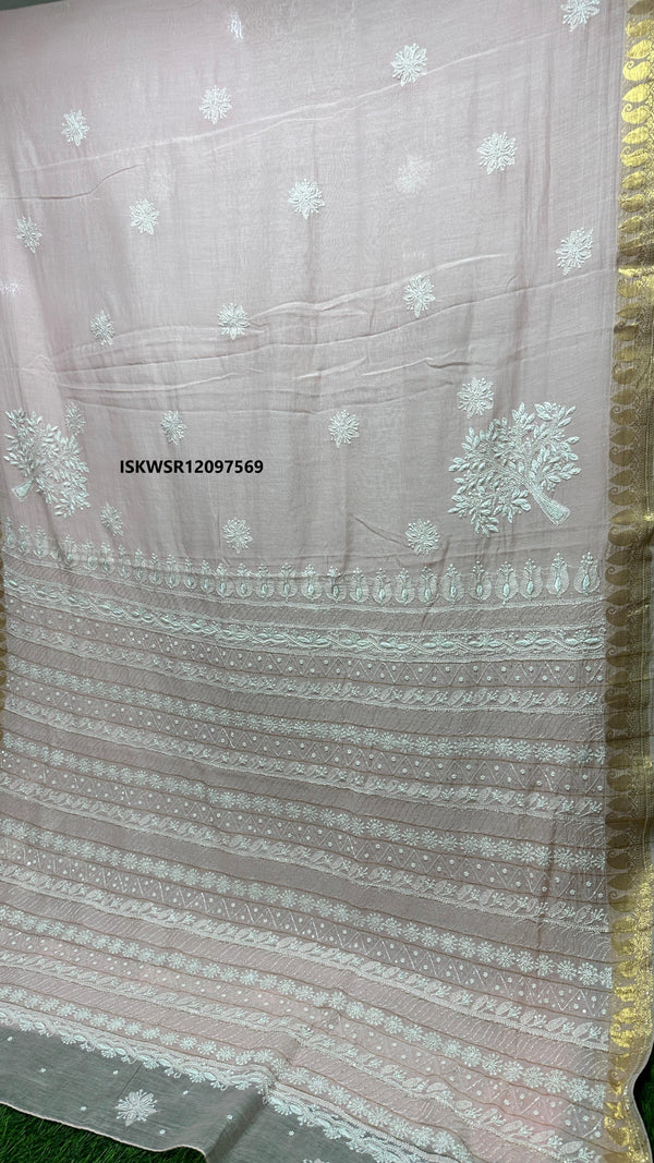 Dyable  Malmal Chanderi Silk Chikankari Saree With Blouse-ISKWSR12097569