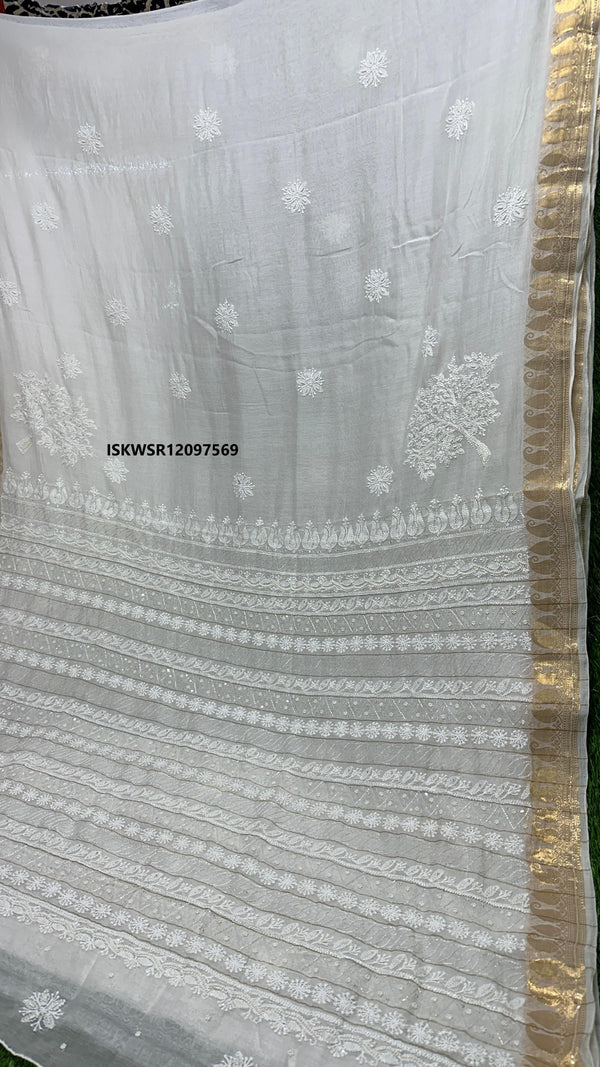 Dyable  Malmal Chanderi Silk Chikankari Saree With Blouse-ISKWSR12097569