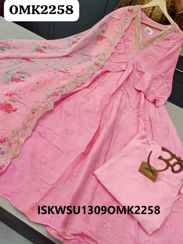 Embroidered Malmal Naira Cut Kurti With Malmal Rayon Pant And Printed Organza Dupatta-ISKWSU1309OMK2258