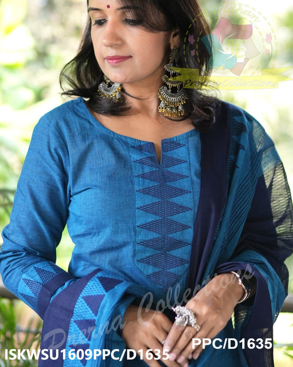 Handloom Cotton Kurti With Pant And Dupatta-ISKWSU1609PPC/D1635