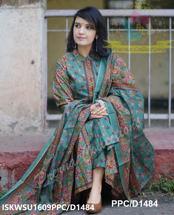 Discharge Printed Cotton Double Layer Anarkali Kurti With Pant And Malmal Cotton Dupatta-ISKWSU1609PPC/D1484