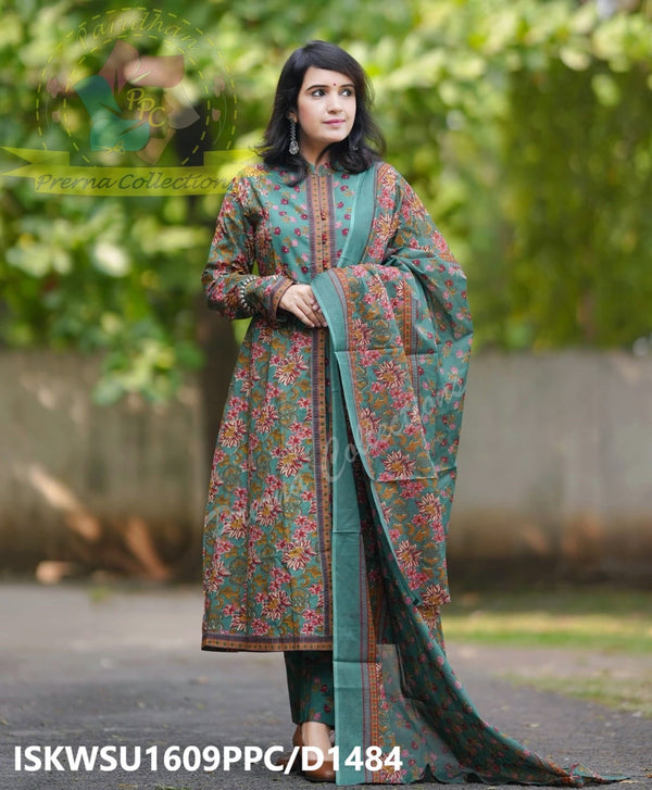 Discharge Printed Cotton Double Layer Anarkali Kurti With Pant And Malmal Cotton Dupatta-ISKWSU1609PPC/D1484