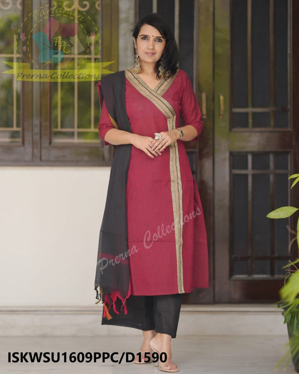 Handloom Cotton Kurti With Cotton Pant And Handloom Dupatta-ISKWSU1609PPC/D1590