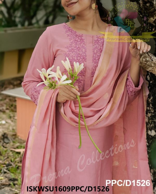 Embroidered Handloom Kurti With Handloom Cotton Pant And Linen Dupatta-ISKWSU1609PPC/D1526