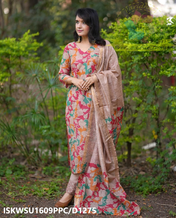 Kalamkari Printed Handloom Cotton Silk Kurti With Cotton Silk Pant And Dupatta-ISKWSU1609PPC/D1275