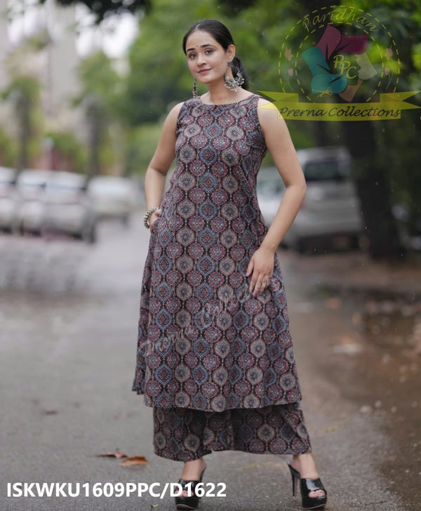 Ajrakh Printed Cotton A-Line Kurti With Palazzo-ISKWKU1609PPC/D1622