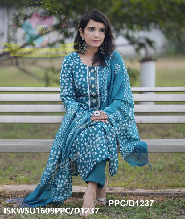 Printed Chanderi Silk Kurti With Pant And Dupatta-ISKWSU1609PPC/D1237