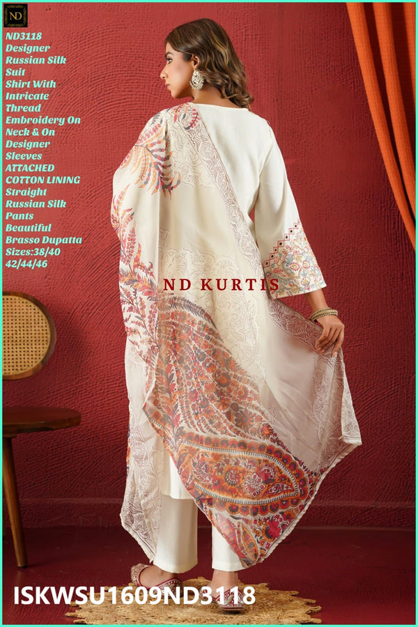 Embroidered Silk Kurti With Pant And Brasso Dupatta-ISKWSU1609ND3118