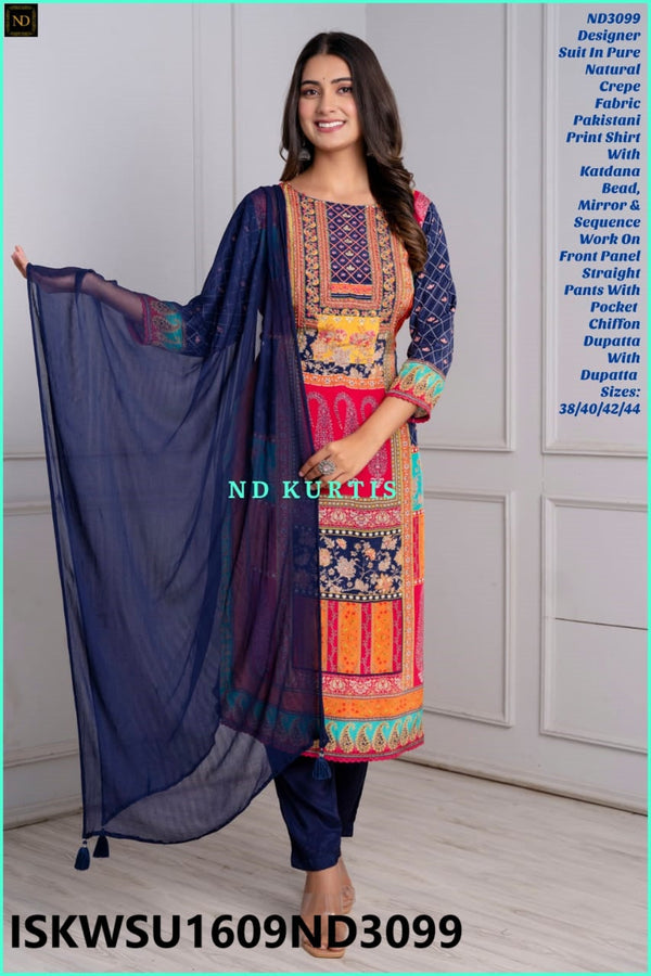 Digital Printed Crepe Kurti With Pant And Chiffon Dupatta-ISKWSU1609ND3099