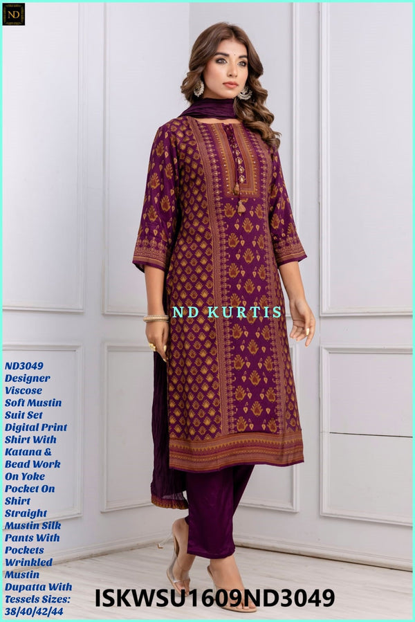 Digital Printed Viscose Maslin Kurti With Pant And Maslin Dupatta-ISKWSU1609ND3049