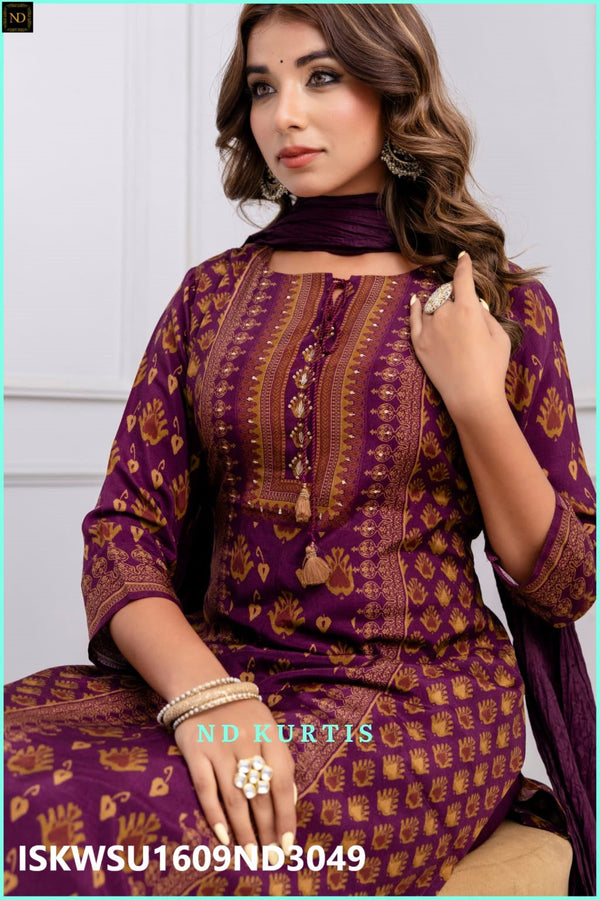 Digital Printed Viscose Maslin Kurti With Pant And Maslin Dupatta-ISKWSU1609ND3049