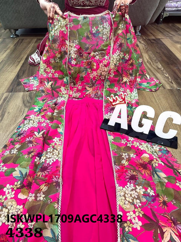 Georgette Crop Top With Palazzo And Floral Printed Shrug-ISKWPL1709AGC4338