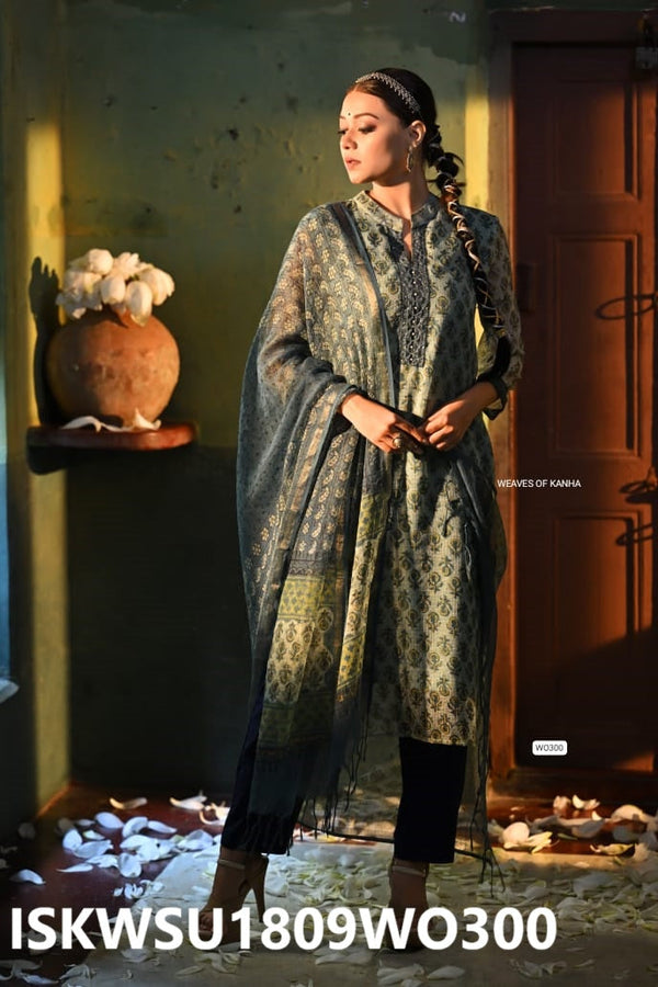 Ajrakh Printed Kota Doriya Kurti With Cotton Pant And Dupatta-ISKWSU1809WO300