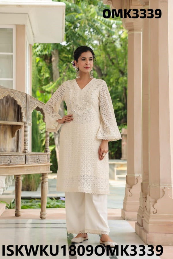 Embroidered Net Schiffli Kurti With Pant-ISKWKU1809OMK3339