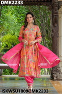 Digital Floral Printed Chinon Anarkali Kurti With Harem Pant And Chiffon Dupatta-ISKWSU1809OMK2233