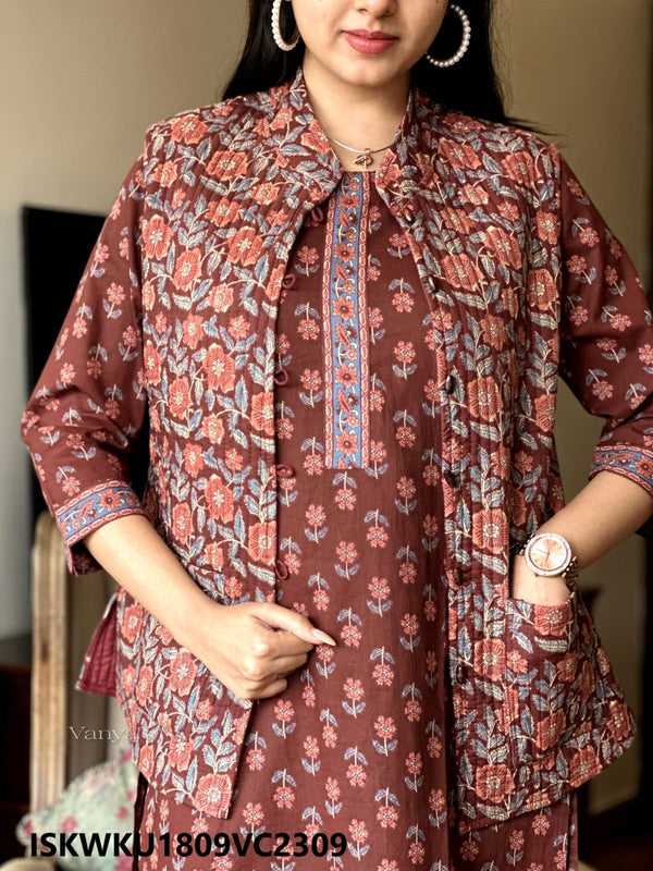 Hand Block Printed Cotton Kurti With Pant And Quilted Jacket-ISKWKU1809VC2309