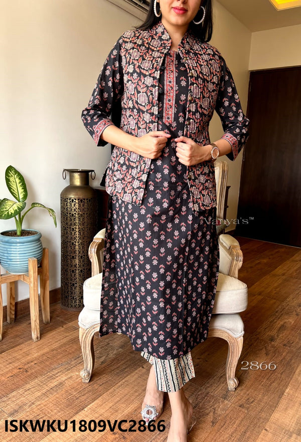 Hand Block Printed Cotton Kurti With Pant And Quilted Jacket-ISKWKU1809VC2866