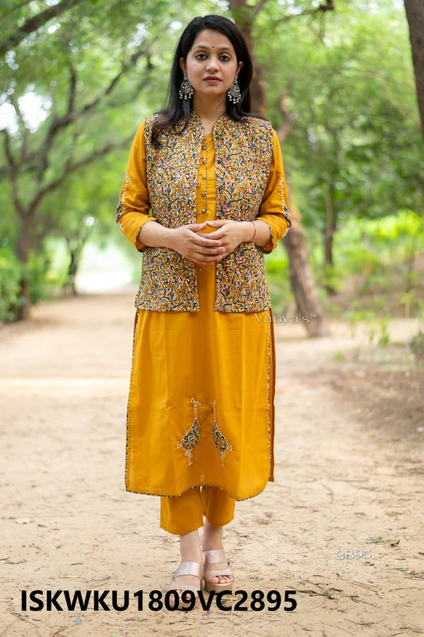 Cotton Kurti With Pant And Printed Quilted Jacket-ISKWKU1809VC2895