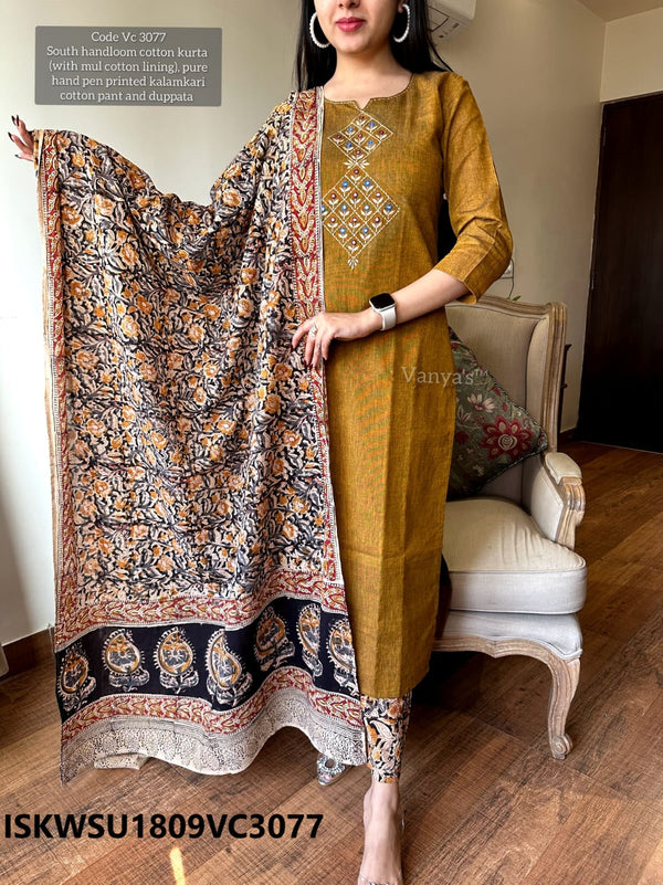 Handloom Cotton Kurti With Printed Pant And Dupatta-ISKWSU1809VC3077