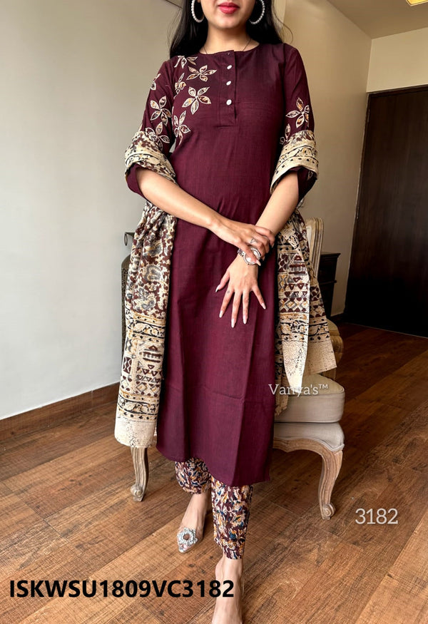 Handloom Cotton Kurti With Kalamkari Printed Pant And Dupatta-ISKWSU1809VC3182