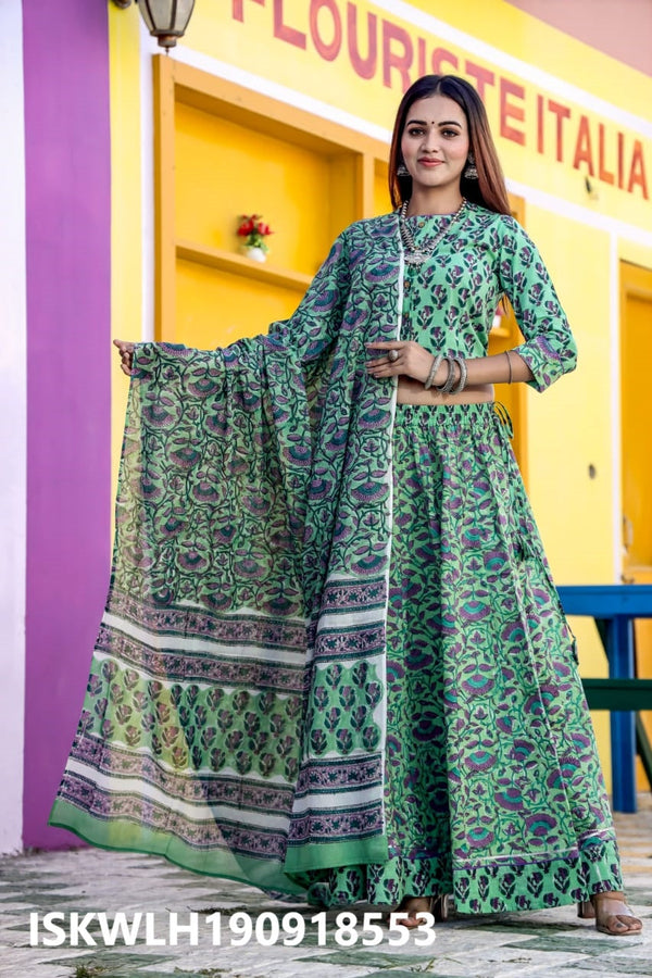 Bagru Hand Block Printed Cotton Lehenga With Blouse And Malmal Dupatta-ISKWLH190918553