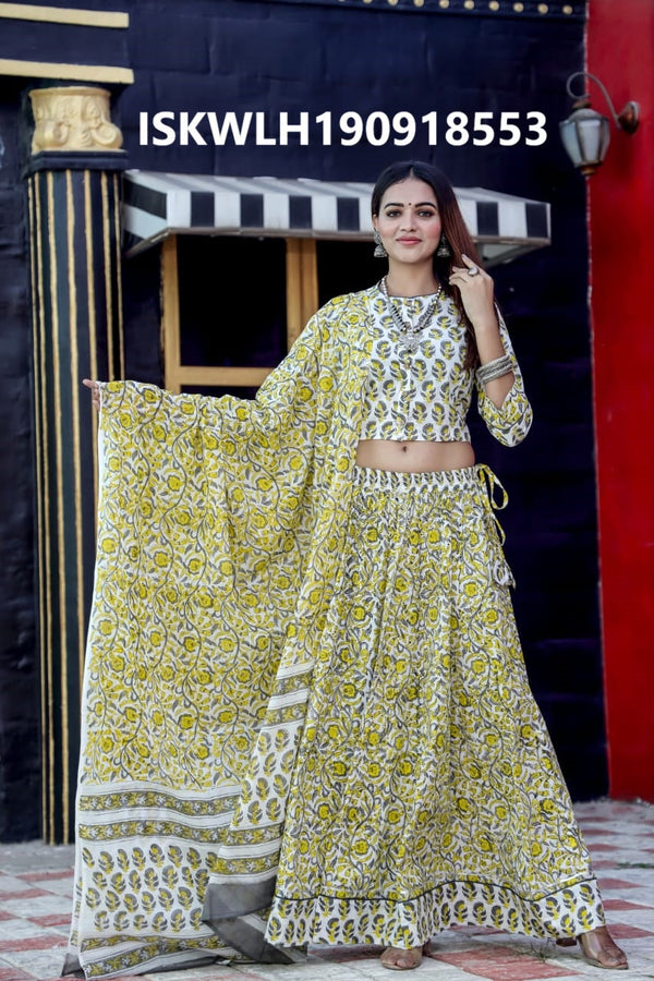 Bagru Hand Block Printed Cotton Lehenga With Blouse And Malmal Dupatta-ISKWLH190918553