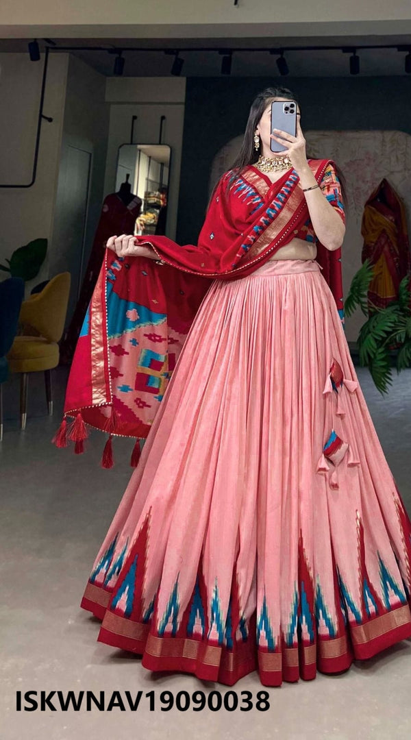 Foil Printed Dola Tussar Silk Lehenga With Blouse And Dupatta-ISKWNAV19090038