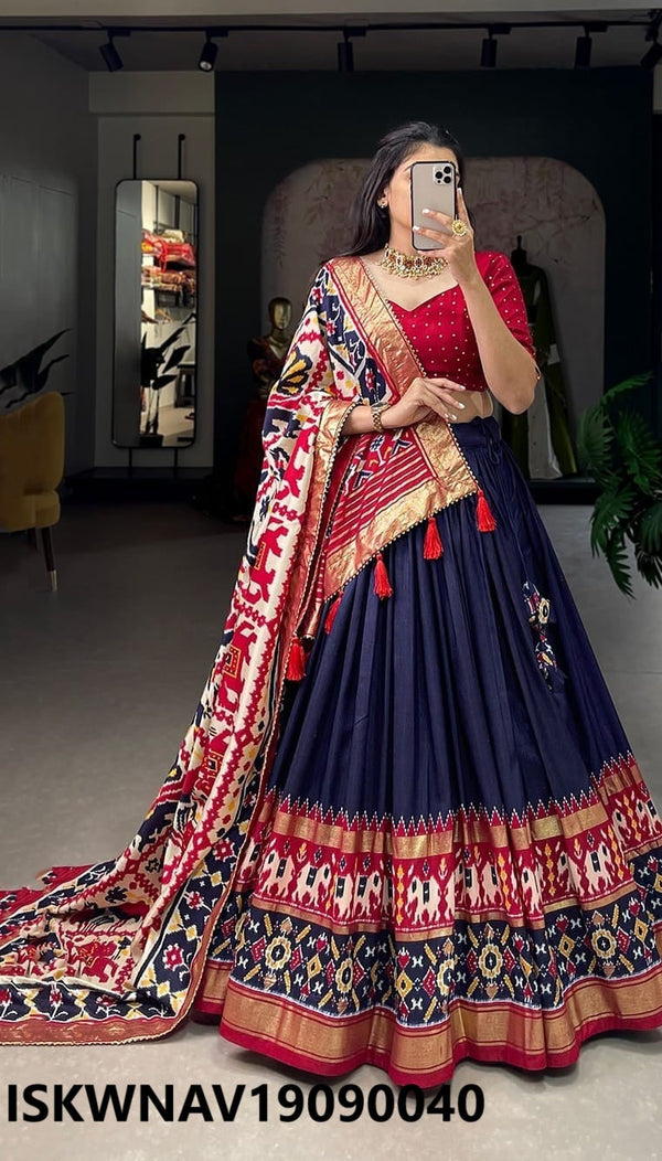 Foil Printed Dola Tussar Silk Lehenga With Blouse And Dupatta-ISKWNAV19090040