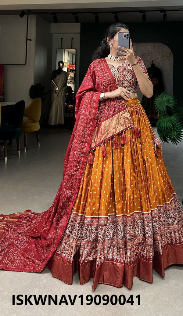 Foil Printed Dola Tussar Silk Lehenga With Blouse And Dupatta-ISKWNAV19090041