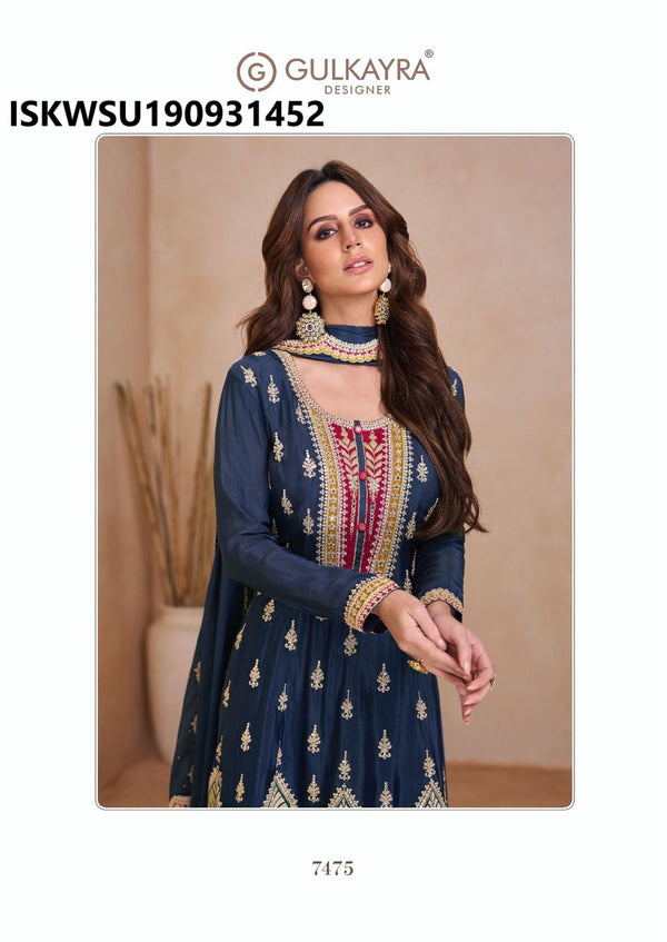 Embroidered Chinon Anarkali Kurti With Palazzo And Dupatta-ISKWSU190931452