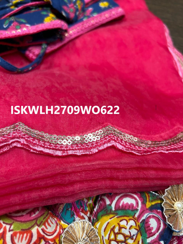 Hand Block Printed Cotton Lehenga With Blouse And Organza Dupatta-ISKWLH2709WO622