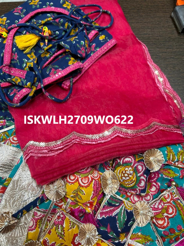 Hand Block Printed Cotton Lehenga With Blouse And Organza Dupatta-ISKWLH2709WO622