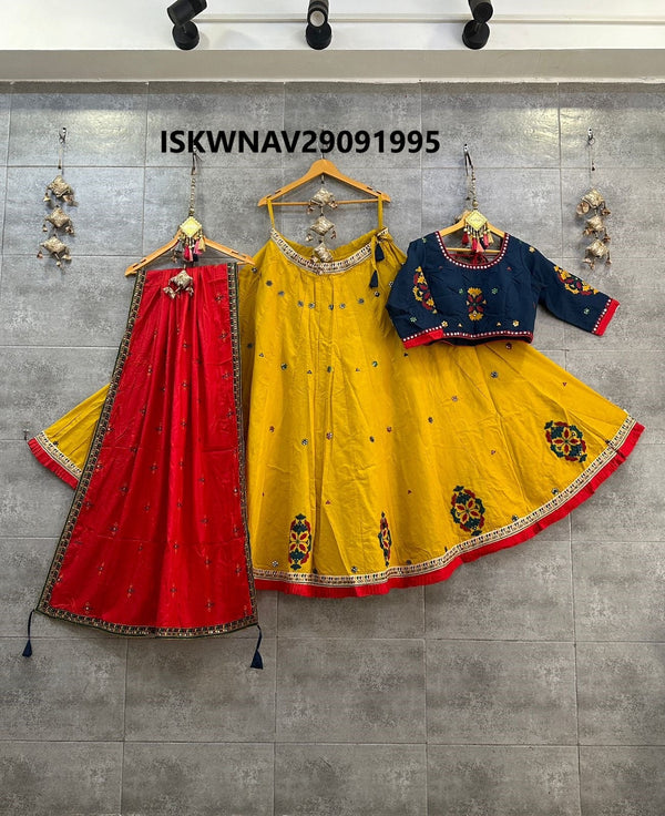 Embroidered Cotton Lehenga With Blouse And Contrast Dupatta-ISKWNAV29091995