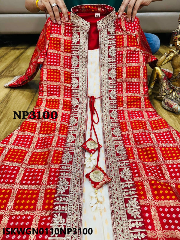 Ikkat Weaved Khadi Silk Gown With Self Zari Banarasi Weaved Bandhani Shrug-ISKWGN0110NP3100