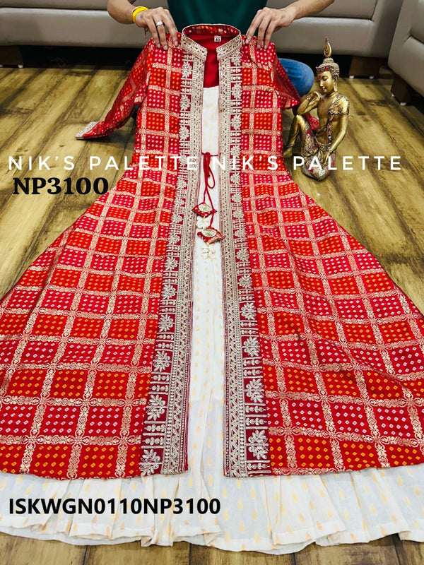 Ikkat Weaved Khadi Silk Gown With Self Zari Banarasi Weaved Bandhani Shrug-ISKWGN0110NP3100