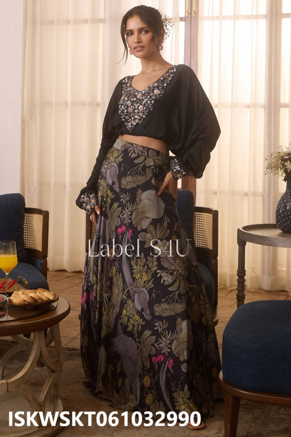 Printed Silk Skirt With Embroidered Top-ISKWSKT061032990