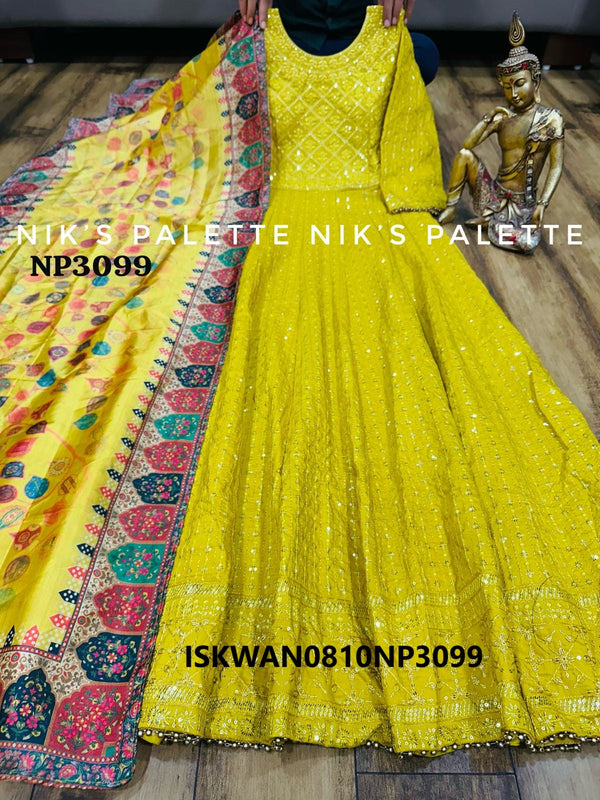 Embroidered Chanderi Anarkali With Digital Printed Dupatta-ISKWAN0810NP3099